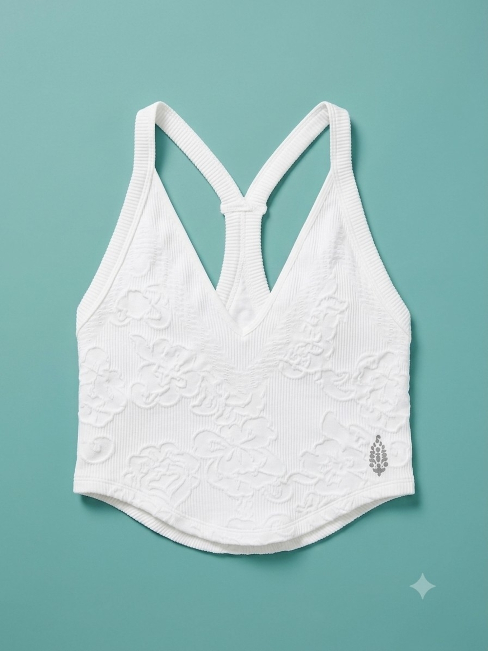 Free People White Textured Floral Ribbed Crop Tank